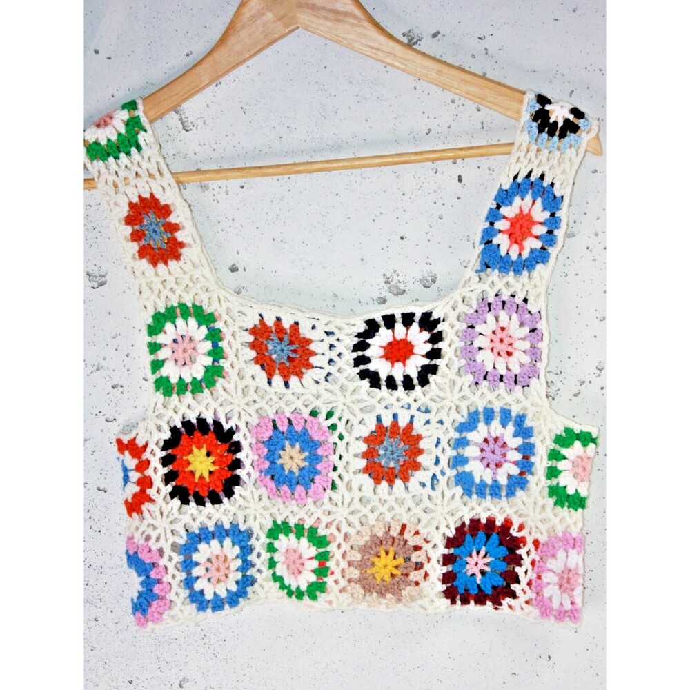 Boho Crochet Hand Knit Crop Top Granny Squares size Medium - Picture 2 of 4